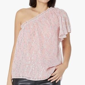 RAMY BROOK Eleanor Pink & Metallic One Shoulder Ruffle Blouse Size Medium